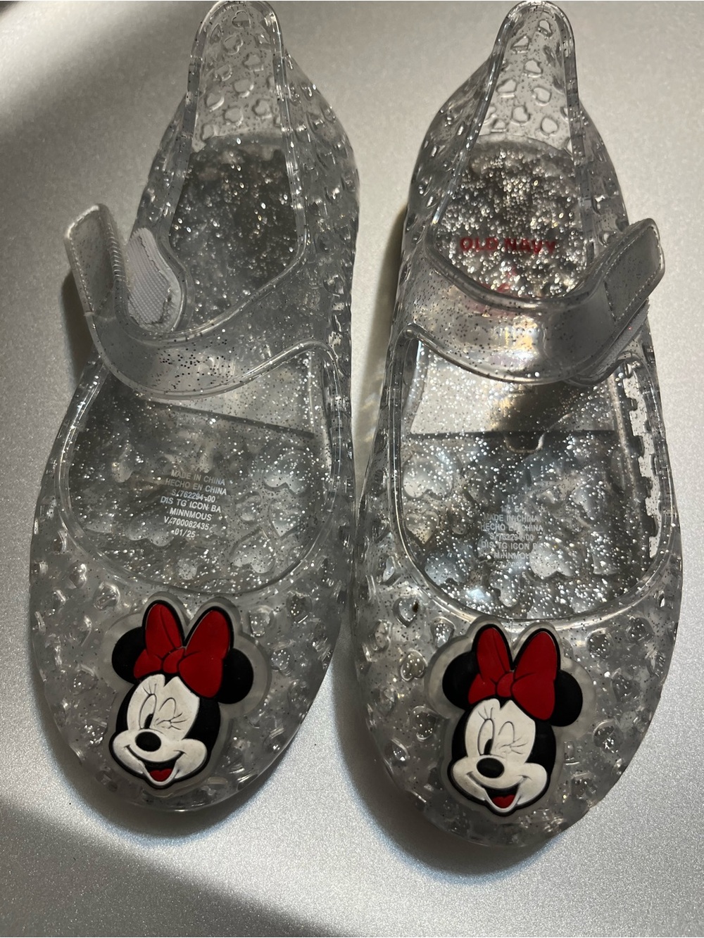 Disney Minnie Mouse Old Navy Clear Glitter Jelly Sandals with Red Bow